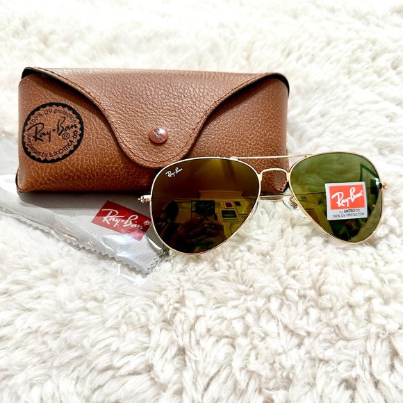 New RAY-BAN Large Metal Aviator Sunglasses Gold Frame Yellow Green Mirrored Lens main image 8